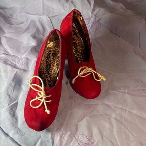 Irregular Choice Red Suede Lace-Up Heels with Cream Laces